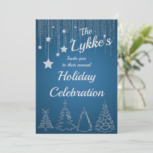Silver & Blue Holiday Einladung (Stehend Vorderseite)