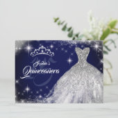 Silver Blue Lace Diamond Gown Tiara Quinceanera Einladung (Stehend Vorderseite)
