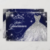 Silver Blue Lace Diamond Gown Tiara Quinceanera Einladung (Vorne/Hinten)