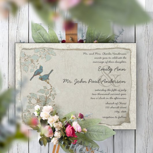 Silver Blue Love Bird Damask Hochzeitseinladungen Einladung