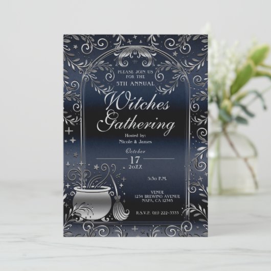 Silver & Blue Magic Whimsical Hexen Ansammlung Einladung (Stehend Vorderseite)