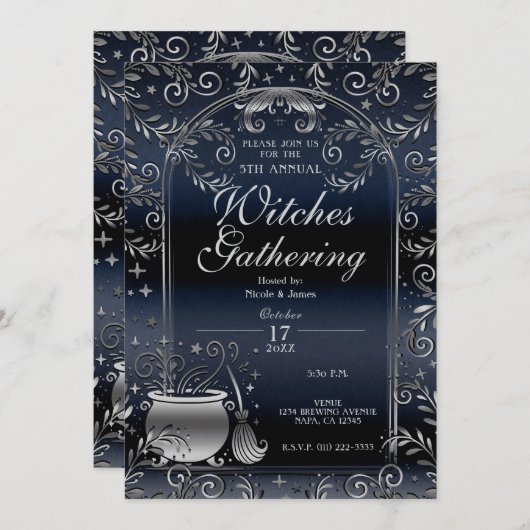 Silver & Blue Magic Whimsical Hexen Ansammlung Einladung (Vorne/Hinten)