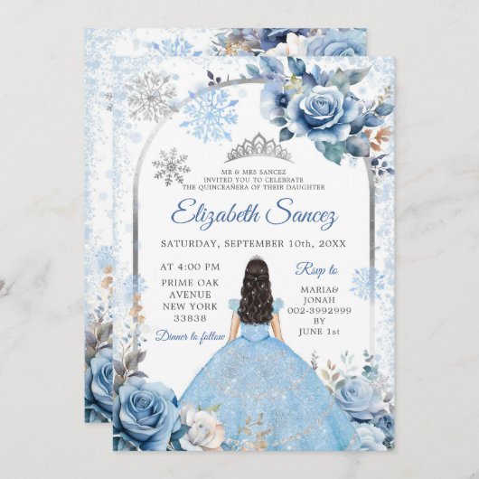 Silver Blue Magic Winter Snowflake Quinceñera Einladung (Vorne/Hinten)
