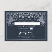 Silver Blue Medieval Lion Wedding RSVP Begleitkarte (Vorderseite)