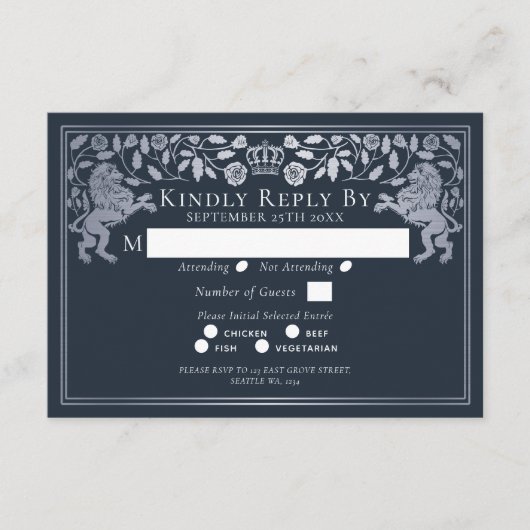 Silver Blue Medieval Lion Wedding RSVP Begleitkarte (Vorderseite)