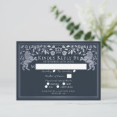 Silver Blue Medieval Lion Wedding RSVP Begleitkarte (Stehend Vorderseite)