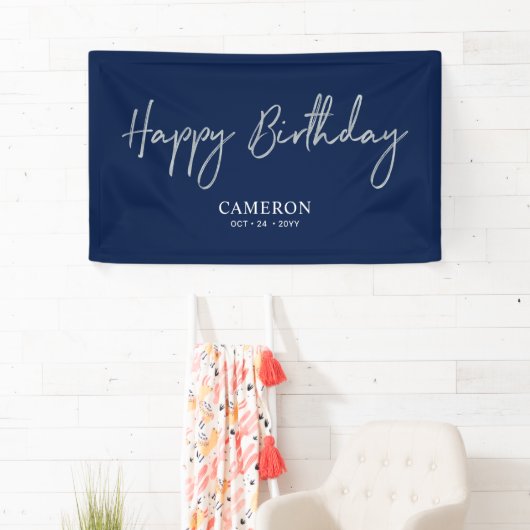 Silver & Blue Minimal Custom Happy Birthday Banner (Insitu)