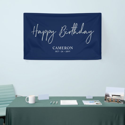 Silver & Blue Minimal Custom Happy Birthday Banner (Messeveranstaltung)