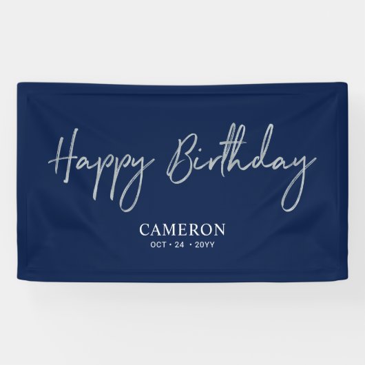 Silver & Blue Minimal Custom Happy Birthday Banner (Horizontal)
