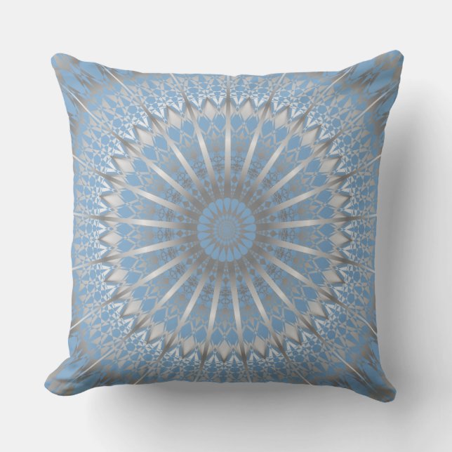 Silver Blue Modern Geometric Mandala Kissen Für Draußen (Vorderseite)