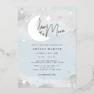 Silver Blue Over Moon Baby Shower Foil Folieneinladung