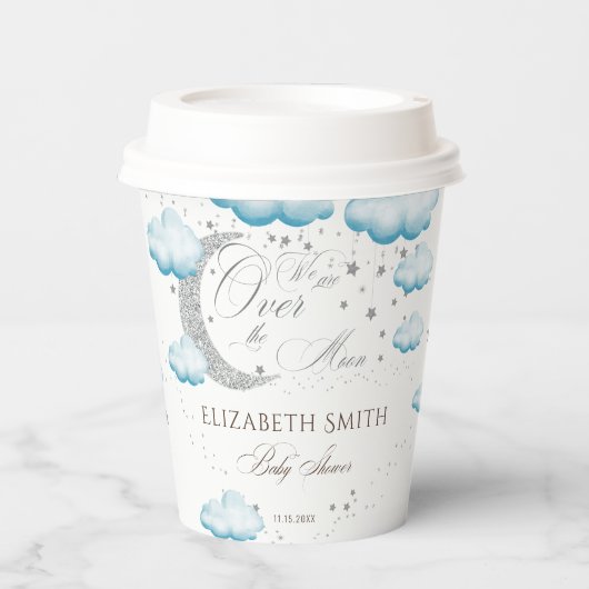 Silver Blue Over Moon Boy Baby Dusche Pappbecher (Vorderseite)