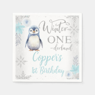 Silver Blue Penguin Winter Onederland Geburtstag Serviette