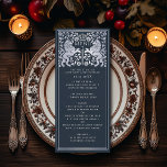 Silver Blue Royal Lion Mittelalterliche Hochzeit Menükarte<br><div class="desc">Feiern Sie Ihren besonderen Tag mit diesem Royal Medieval Lion Wedding Design. Das Silber in diesem Design ist keine echte Folie. Sie können dies durch einen Klick auf "PERSONALISIEREN" weiter anpassen.</div>