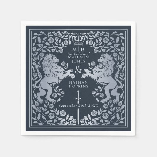 Silver Blue Royal Lion Mittelalterliche Hochzeit Serviette (Vorderseite)