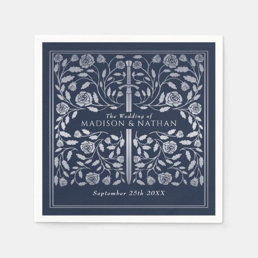 Silver Blue Royal Medieval Gold Sword Wedding Serviette (Vorderseite)