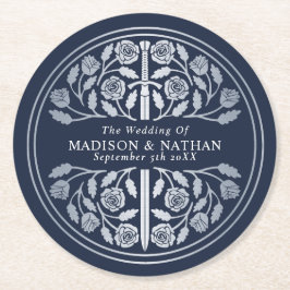 Silver Blue Royal Medieval Sword Wedding Runder Pappuntersetzer