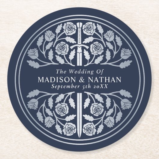 Silver Blue Royal Medieval Sword Wedding Runder Pappuntersetzer (Vorderseite)