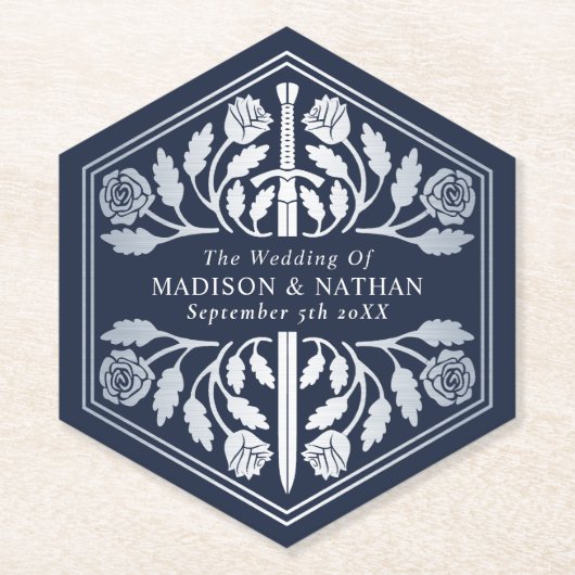 Silver Blue Royal Medieval Sword Wedding Untersetzer (Vorderseite)