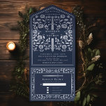 Silver Blue Royal Mittelalterliche Hochzeit All In One Einladung<br><div class="desc">Feiern Sie Ihren besonderen Tag mit diesem königlich-mittelalterlichen Schwert Hochzeitsdesign. Das Design auf der Rückseite des Einladens ist KEINE echte Goldfolie. Sie können dies durch einen Klick auf "PERSONALISIEREN" weiter anpassen.</div>