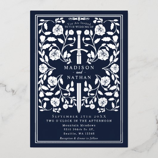 Silver Blue Royal Mittelalterliche Hochzeit Folieneinladung (Vorderseite)