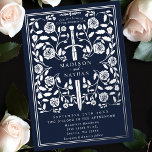 Silver Blue Royal Mittelalterliche Hochzeit Folieneinladung<br><div class="desc">Feiern Sie Ihren besonderen Tag mit diesem königlich-mittelalterlichen Schwert Hochzeitsdesign. Dieses Design verfügt über einen Rahmen mit Schwert und Blume. Die Rückseite dieses Produktes ist flach bedruckt und NICHT echter Folie.</div>