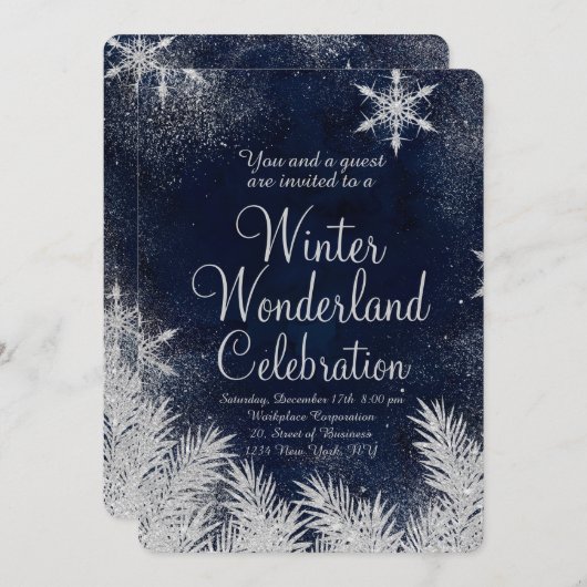 Silver blue snowflake Corporate Winter Wunderland3 Einladung (Vorne/Hinten)