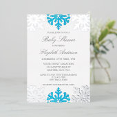 Silver Blue Snowflake Winter Baby Dusche Folieneinladung (Stehend vorne)