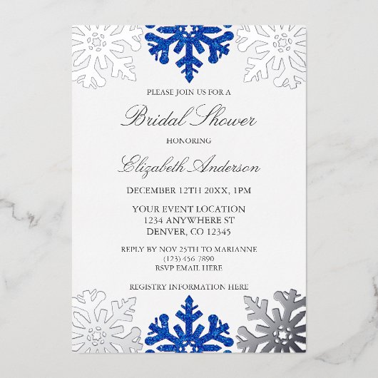 Silver Blue Snowflake Winter Brautparty Folieneinladung (Vorderseite)