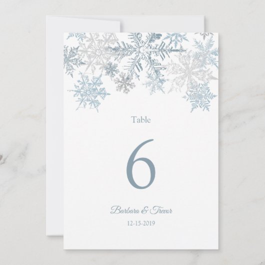Silver Blue Snowflake Winter Hochzeiten Tischnumme Einladung (Rückseite)