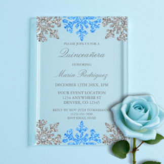 Silver Blue Snowflake Winter Quinceanera Acryleinladungen