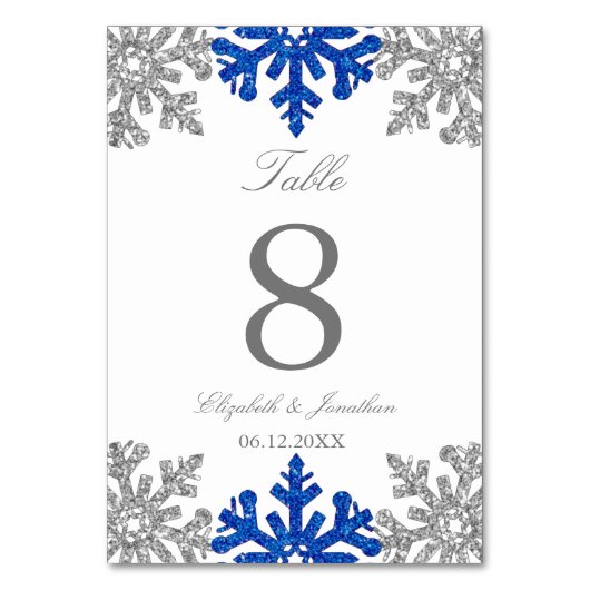 Silver Blue Snowflake Winter Wedding Tischnummer (Vorderseite)