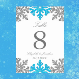Silver Blue Snowflake Winter Wedding Tischnummer