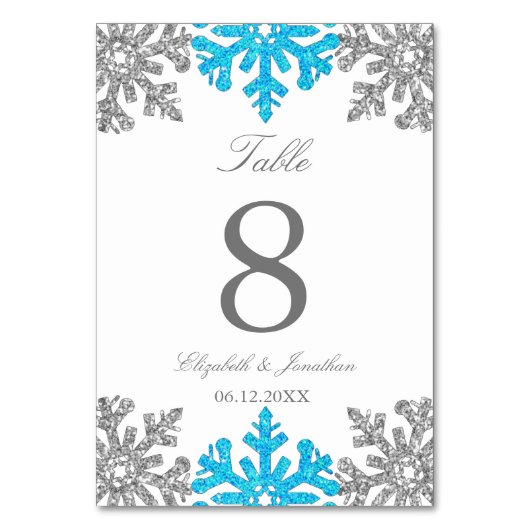 Silver Blue Snowflake Winter Wedding Tischnummer (Vorderseite)