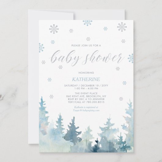 Silver & Blue Snowflake Winterwald Babydusche Einladung (Vorderseite)