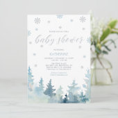 Silver & Blue Snowflake Winterwald Babydusche Einladung (Stehend Vorderseite)