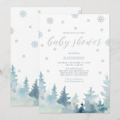 Silver & Blue Snowflake Winterwald Babydusche Einladung (Vorne/Hinten)