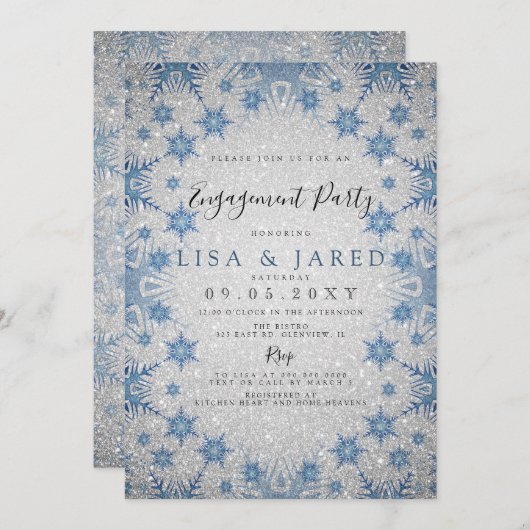 Silver Blue Snowflakes Winter Engagement Party Einladung (Vorne/Hinten)