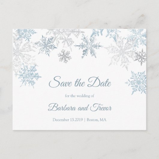 Silver Blue Snowflakes Winter Save the Date Ankündigungspostkarte (Vorderseite)