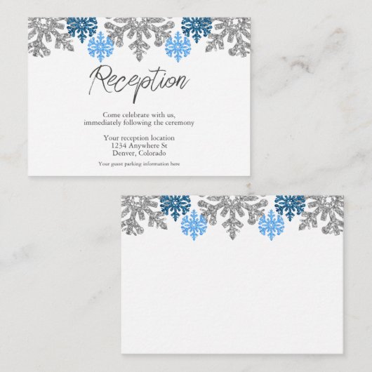 Silver Blue Snowflakes Winter Wedding Empfang Begleitkarte (Vorne/Hinten)