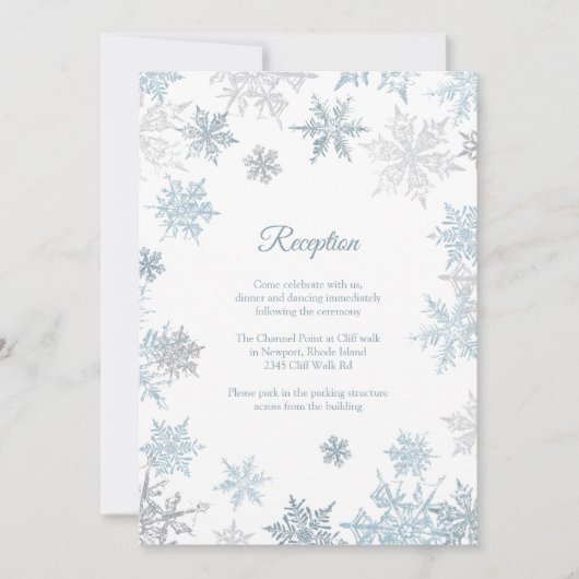 Silver Blue Snowflakes Winter Wedding Empfang Einladung (Vorderseite)