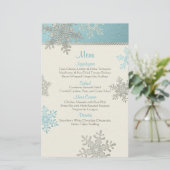 Silver Blue Snowflakes Winter Wedding Menu Card (Stehend Vorderseite)