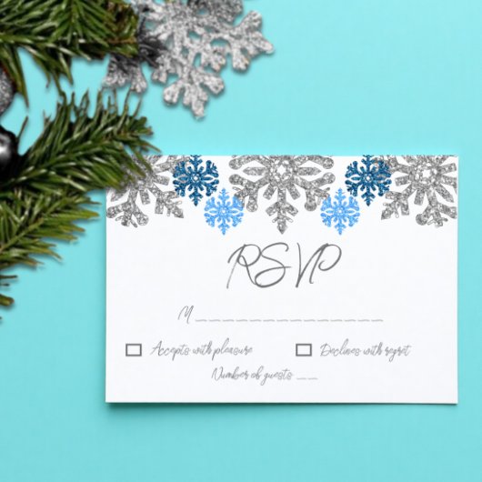 Silver Blue Snowflakes Winter Wedding RSVP Karte