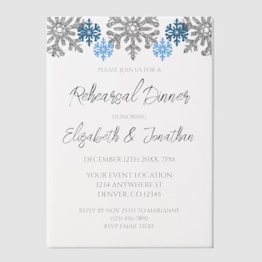 Silver Blue Snowflakes Winterabend Probe Pergament Einladungen (Vorderseite)