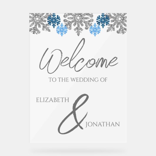 Silver Blue Snowflakes Winterhochzeit Acrylschild (Vorderseite)