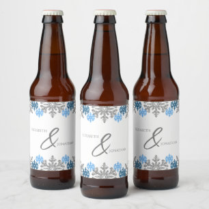 Silver Blue Snowflakes Winterhochzeit Bierflaschenetikett