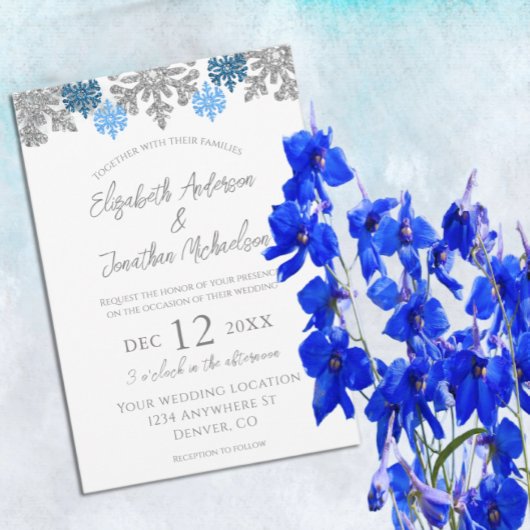 Silver Blue Snowflakes Winterhochzeit Einladung