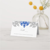 Silver Blue Snowflakes Winterhochzeit Platzkarte (Vorderseite)