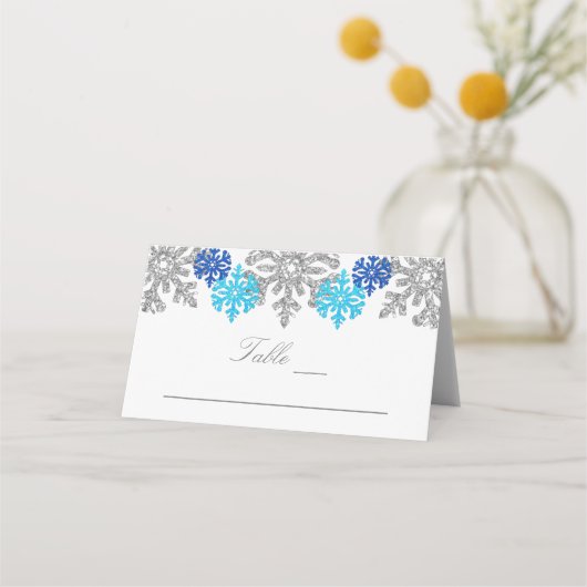 Silver Blue Snowflakes Winterhochzeit Platzkarte (Vorderseite)