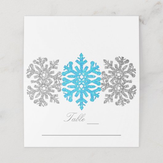 Silver Blue Snowflakes Winterhochzeit Platzkarte (Außenseite Aufgefaltet)